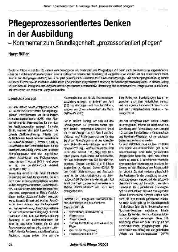Vorschauseite 1: Pflegeprozessorientiertes Denken in der Ausbildung-Kommentar zum Gruncllagenheft: „prozessorientiert pflegen