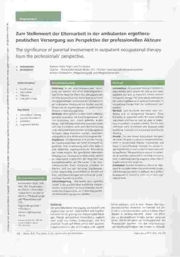 Vorschauseite 1: Zum Stellenwert der Elternarbeit in der ambulanten ergotherapeutischen Versorgung aus Perspektive der professionellen Akteure