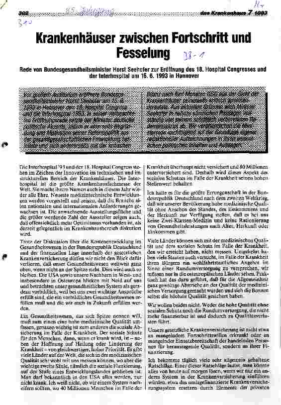 Vorschauseite 1: Krankenhäuser zwischen Fortschritt und Fesselung Rede d.BundesGesundheitsmin. z. Eröffnung Hospital Congress+Interhosp.