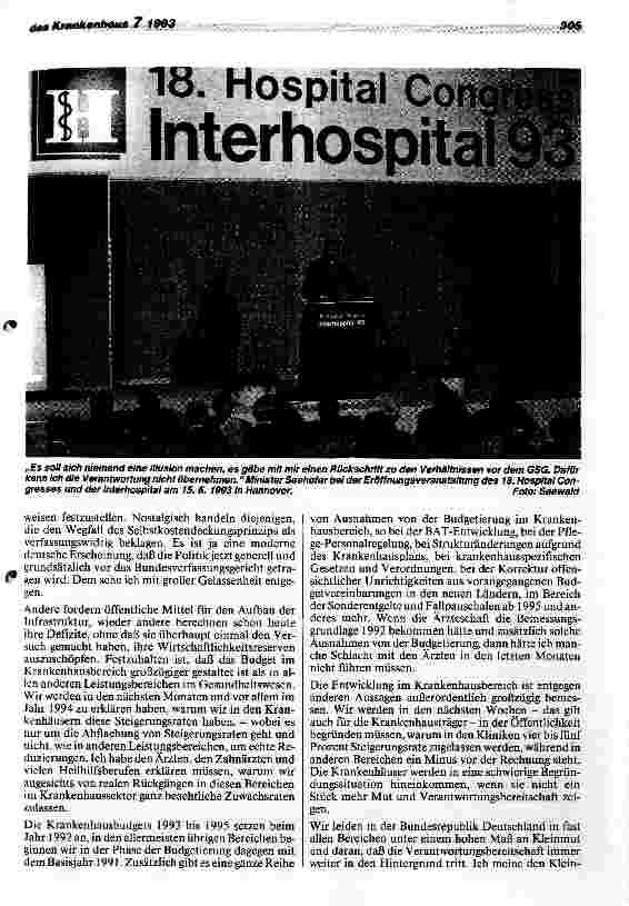 Vorschauseite 4: Krankenhäuser zwischen Fortschritt und Fesselung Rede d.BundesGesundheitsmin. z. Eröffnung Hospital Congress+Interhosp.