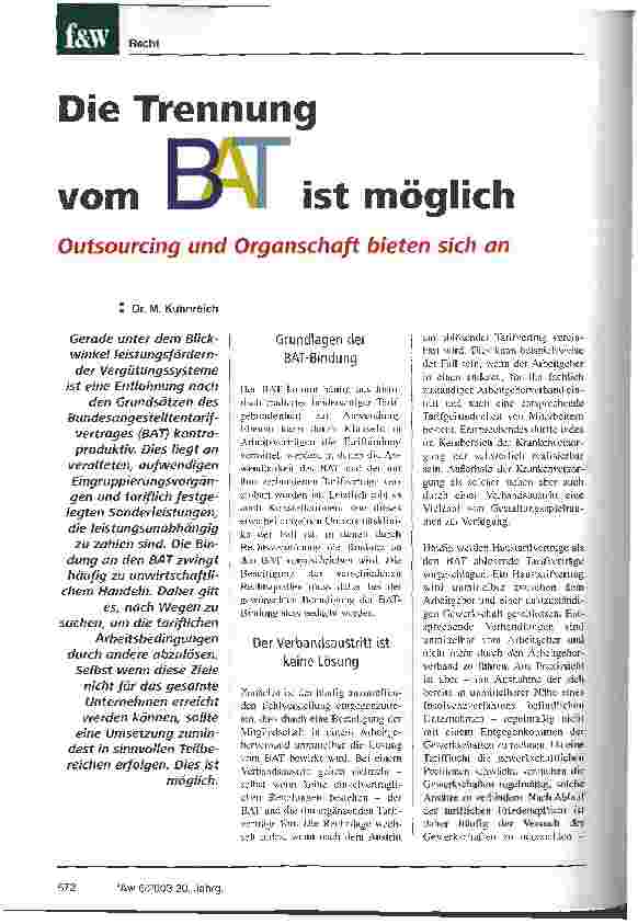 Vorschauseite 1: Die Trennung vom BAT ist möglich Outsourcing und Organschaft bieten sich an
