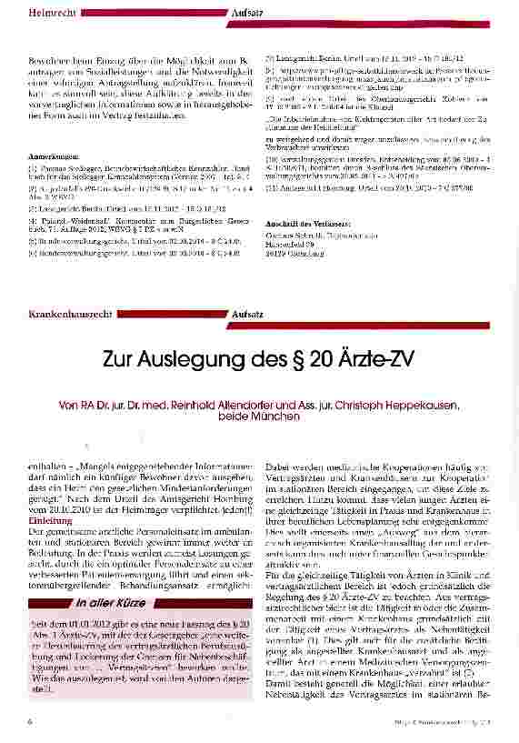 Vorschauseite 1: Zur Auslegung des § 20 Ärzte-ZV