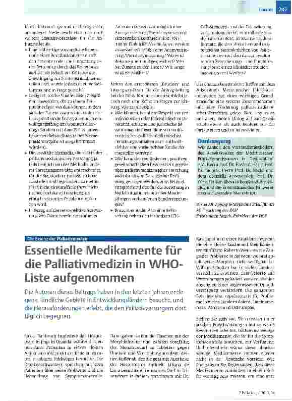 Vorschauseite 1: Essentielle Medikamente für die Palliativmedizin in WHO-Liste aufgenommen