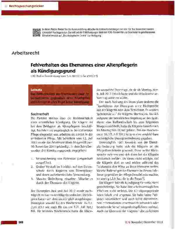 Vorschauseite 1: Fehlverhalten des Ehemannes einer Altenpflegerin als Kündigungsgrund LAG Berlin-Brandenburg vom 5.4.2013 (10 Sa 2339/12)