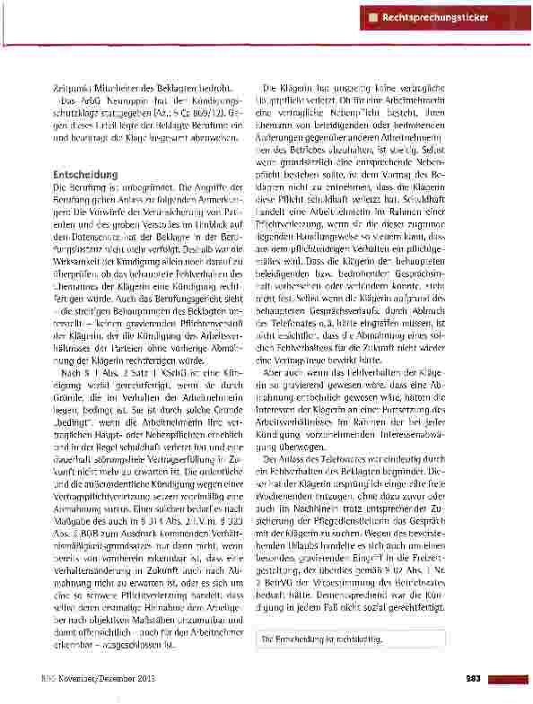 Vorschauseite 2: Fehlverhalten des Ehemannes einer Altenpflegerin als Kündigungsgrund LAG Berlin-Brandenburg vom 5.4.2013 (10 Sa 2339/12)