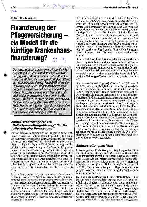Vorschauseite 1: Finanzierung der Pflegeversicherung - ein Modell für die künftige Kran kenhausfinanzierung?