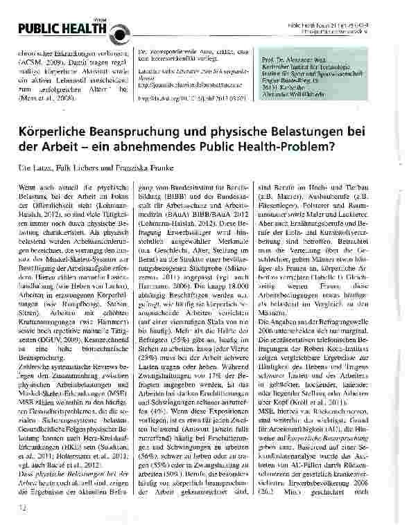 Vorschauseite 1: Körperliche Beanspruchung und physische Belastungen bei der Arbeit - ein abnehmendes Public Health-Problem?