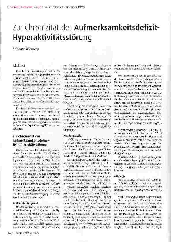 Vorschauseite 1: Zur Chronizität der Aufmerksamkeitsdefizit Hyperaktivitätsstörung