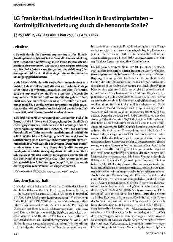 Vorschauseite 1: LG Frankenthal: Industriesilikon in Brustimplantaten Kontrollpflichtverletzung durch die benannte Stelle? §§ 253 Abs. 2, 247, 823 Abs. 1 iVm 253, 823 Abs. 2 BGB