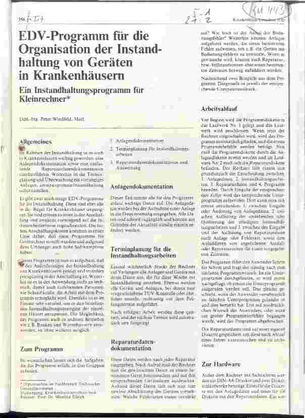 Vorschauseite 1: EDV-Programm für die Organisation der Instandhaltung von Geräten in Krankenhäusern / Ein Instandhaltungsprogramm für Kleinrechner