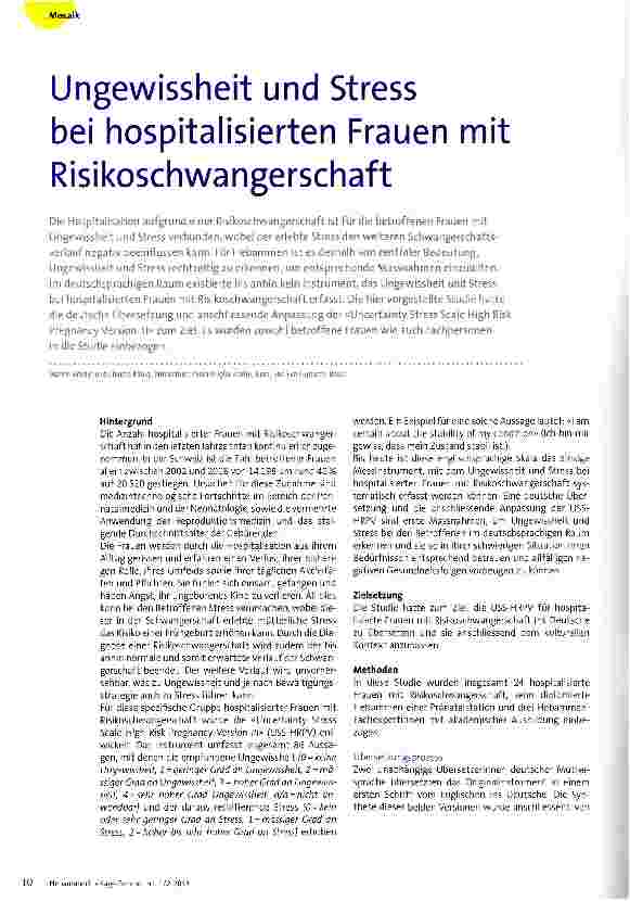 Vorschauseite 1: Ungewissheit und Stress bei hospitalisierten Frauen mit Risikoschwangerschaft