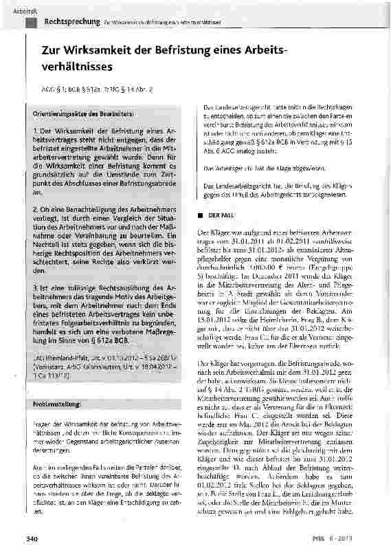 Vorschauseite 1: Zur Wirksamkeit der Befristung eines Arbeitsverhältnisses AGG§1; BGB § 612a; TzBfG § 14 Abs. 2