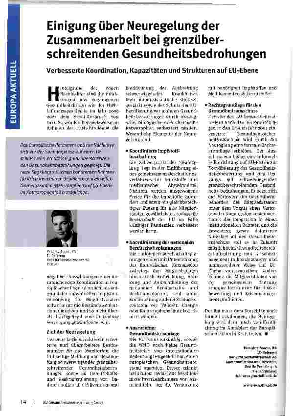 Vorschauseite 1: Einigung über Neuregelung der Zusammenarbeit bei grenzüberschreitenden Gesundheitsbedrohungen