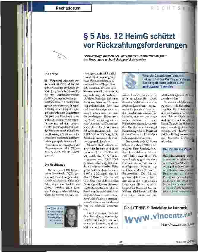 Vorschauseite 1: § 5 Abs. 12 HeimG schützt vor Rückzahlungsforderungen