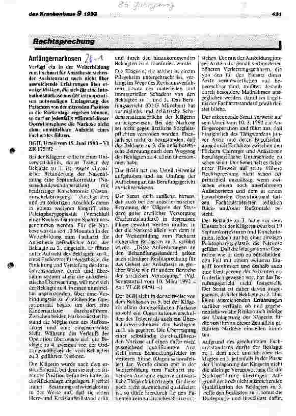Vorschauseite 1: Anfängernarkosen Rechtsprechung