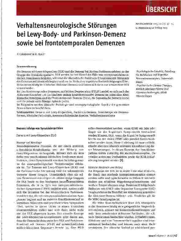 Vorschauseite 1: Verhaltensneurologische Störungen bei Lewy-Bodyund Parkinson-Demenz sowie bei frontotemporalen Demenzen