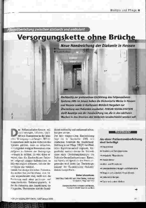 Vorschauseite 1: Pflegeüberleitung zwischen stationär und ambulant: Versorgungskette ohne Brüche Neue Handreichung der Diakonie in Hessen