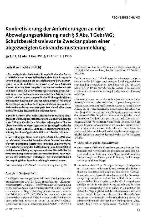 Vorschauseite 1: Konkretisierung der Anforderungen an eine Abzweigungserklärung nach § 5 Abs. 1 GebrAAG; Schutzbereichsrelevante Zweckangaben einer abgezweigten Gebrauchsmusteranmeldung§§ 5,11, 23…