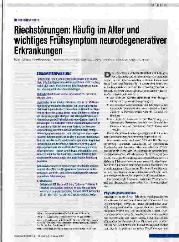 Vorschauseite 1: Riechstörungen: Häufig im Alter und wichtiges Frühsymptom neurodegenerativer Erkrankungen