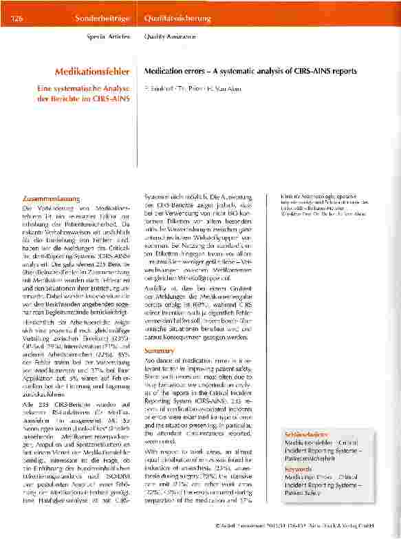 Vorschauseite 1: Medikationsfehler Eine systematische Analyse der Berichte im CIRS-AINS
