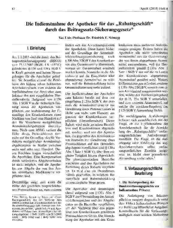 Vorschauseite 1: Die Indienstnahme der Apotheker für das Rabattgeschäft durch das Beitragssatz-Sicherungsgesetz