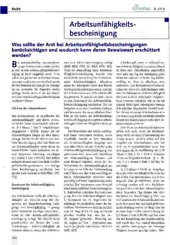 Vorschauseite 1: Was sollte der Arzt bei Arbeitsunfähigkeitsbescheinigungen berücksichtigen und wodurch kann deren Beweiswert erschüttert werden?