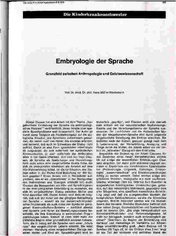 Vorschauseite 1: Embryologie der Sprache Grenzfeld zwischen Anthropologie und Geisteswissenschaft