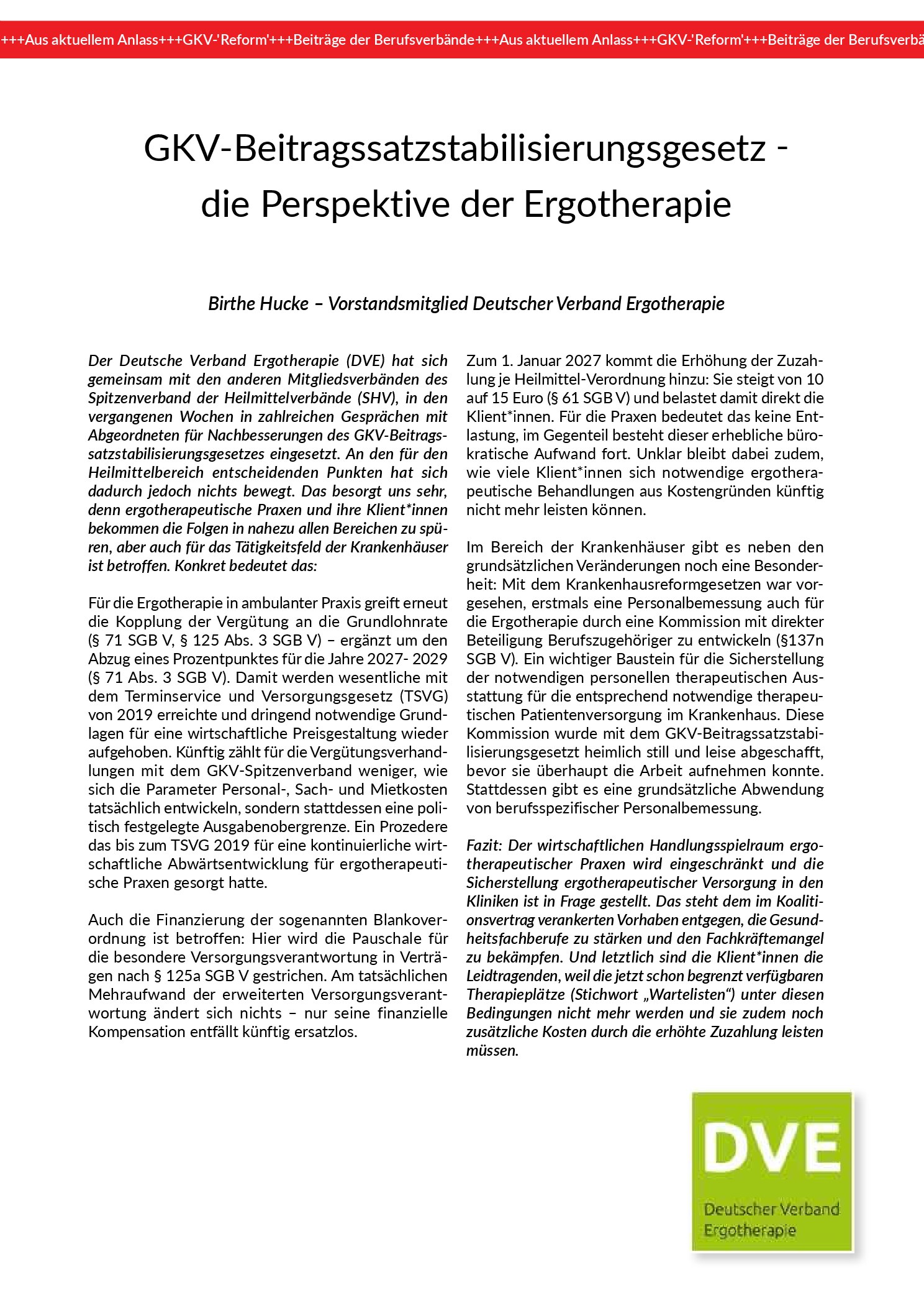 Vorschau: GKV-Beitragssatzstabilisierungsgesetz – die Perspektive der Ergotherapie