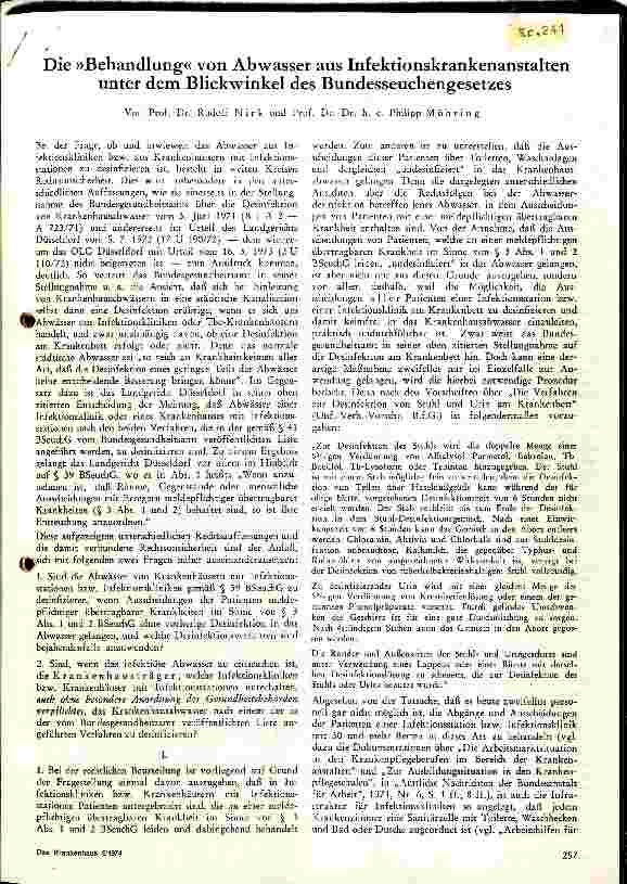 Vorschauseite 1: Die Behandlung von Abwässern aus Infektionsanstalten unter Blickwinkel des Bundesseuchengesetzes