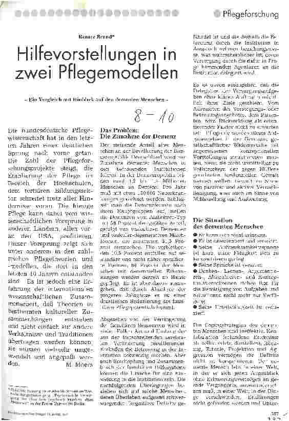 Vorschauseite 1: Hilfevorstellungen in zwei Pflegemodellen Ein Vergleich mit Hinblick auf den dementen Menschen