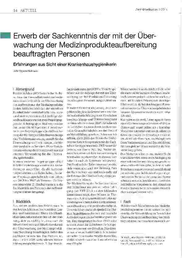 Vorschauseite 1: Erwerb der Sachkenntnis der mit der Überwachung der Medizinprodukteaufbereitung beauftragten PersonenErfahrungen aus Sicht einer Krankenhaushygienikerin