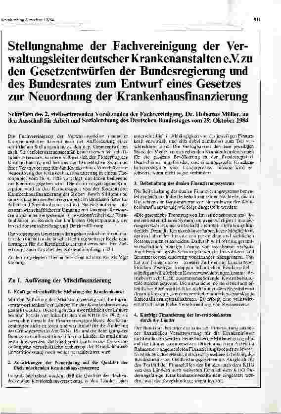 Vorschauseite 1: Stellungnahme der Fachvereinigung der Verwaltungsleiter deutscher Krankenanstalten e.V. zu den Gesetzentwürfen der Bundesregierung und des Bundesrates zum Entwurf eines Gesetzes z…