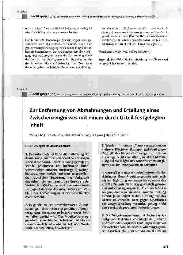 Vorschauseite 1: Zur Entfernung von Abmahnungen und Erteilung eines Zwischenzeugnisses mit einem durch Urteil festgelegten Inhalt
