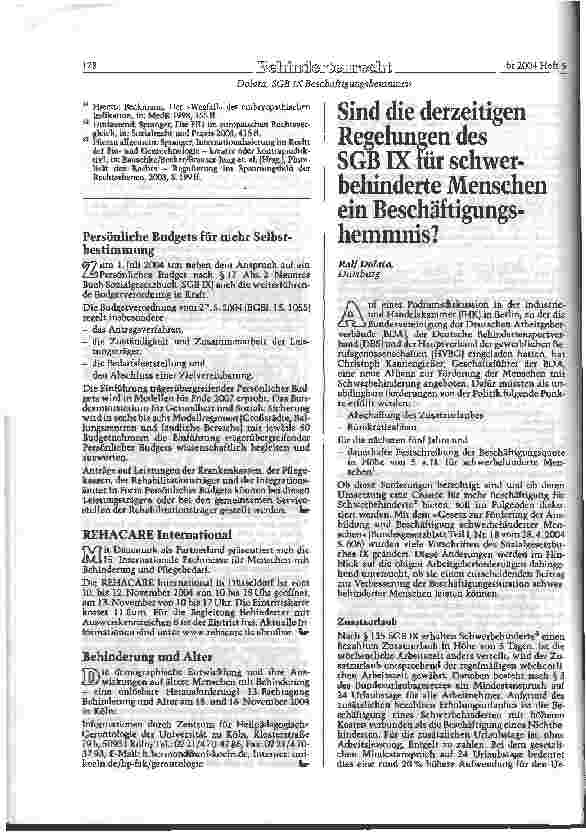 Vorschauseite 1: Sind die derzeitigen Regelungen des SGB IX Für schwerbehinderte Menschen ein Beschäftigungshemmnis?