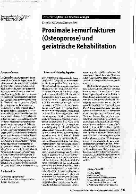 Vorschauseite 1: Proximale Femurfrakturen (Osteoporose) und geriatrische Rehabilitation