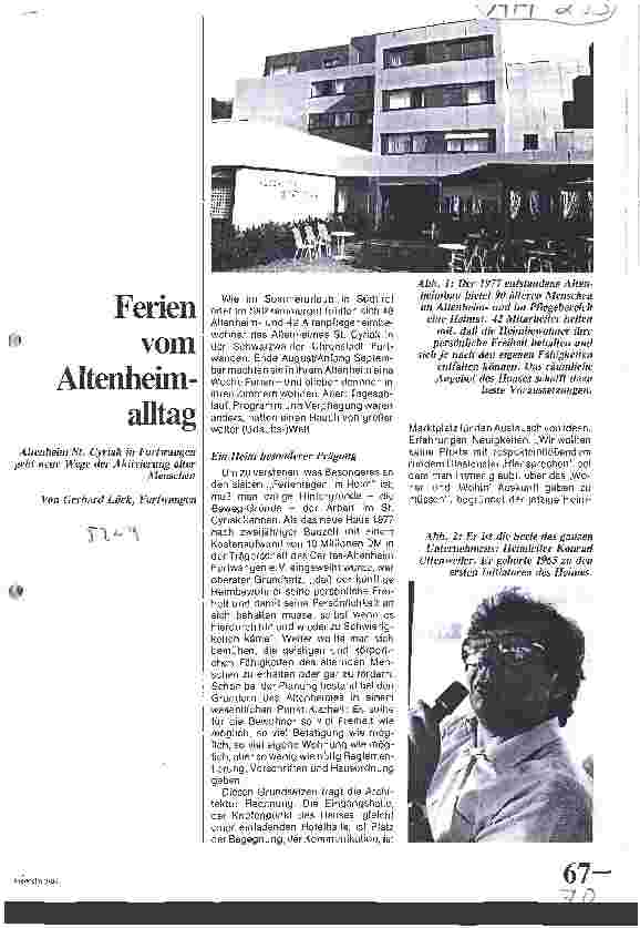Vorschauseite 1: Ferien vom Altenheimalltag / Altenheim in Furtwangen geht neue Wege der Aktivierung alter Menschen