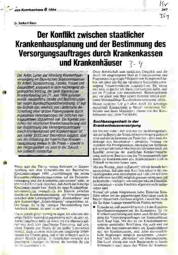 Vorschauseite 1: Der Konflikt zwischen staatlicher KhPlanung und der Bestimmung des Ver sorgungsauftrags durch Krankenkassen und Krankenhäuser