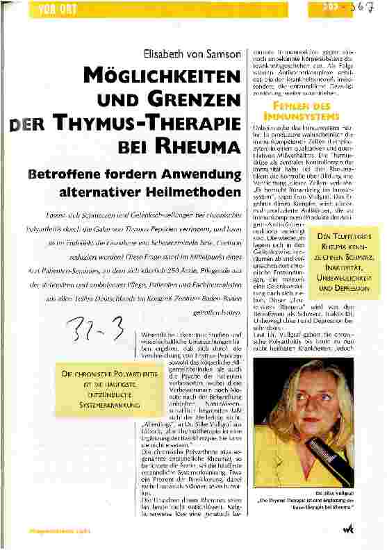Vorschauseite 1: Möglichkeiten und Grenzen der Thymus-Therapie bei Rheuma Betroffene fordern Anwendung alternativer Heilmethoden