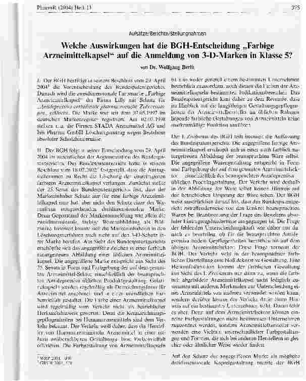 Vorschauseite 1: Welche Auswirkungen hat die BGH-Entscheidung Farbige Arzneimittelkapsel auf die Anmeldung von 3-D-Marken in Klasse 5?