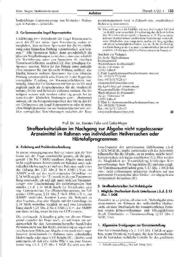 Vorschauseite 1: Strafbarkeitsrisiken im Nachgang zur Abgabe nicht zugelassener Arzneimittel im Rahmen von individuellen Heilversuchen oder Härtefallprogrammen