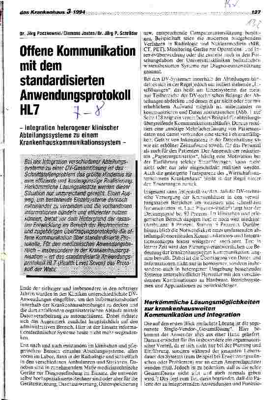 Vorschauseite 1: Offene Kommunikation mit dem standardisierten Anwendungsprotokoll HL7 Integration heterogener klinischer Abteilungssysteme zu einem Krankenhauskommunikationssystem