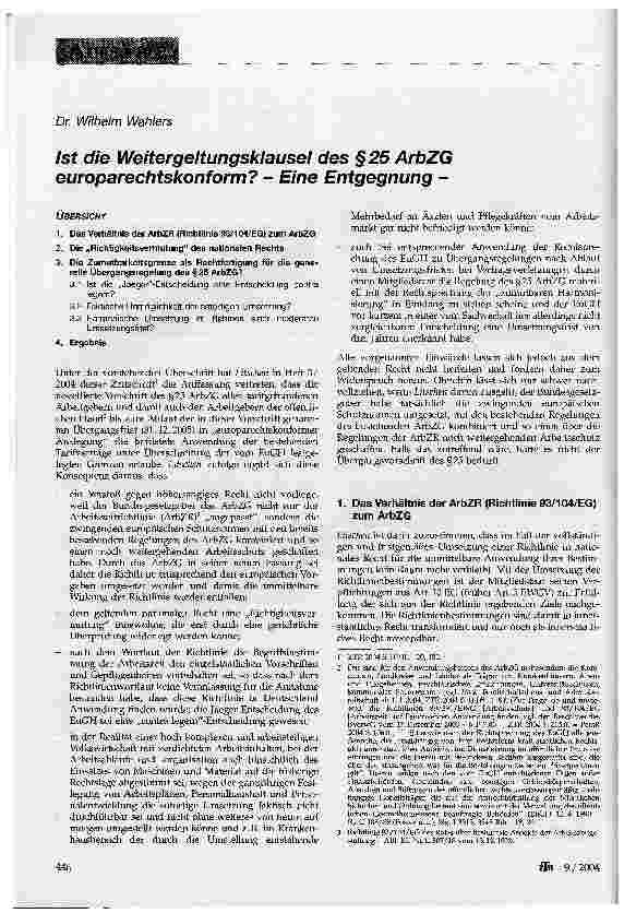 Vorschauseite 1: Ist die Weitergeltungsklausel des §25 ArbZG europarechtskonform? - Eine Entgegnung