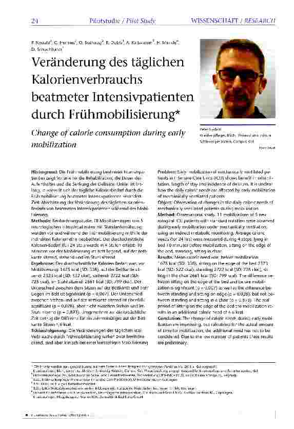 Vorschauseite 1: Veränderung des täglichen Kalorienverbrauchs beatmeter Intensivpatienten durch Frühmobilisierung