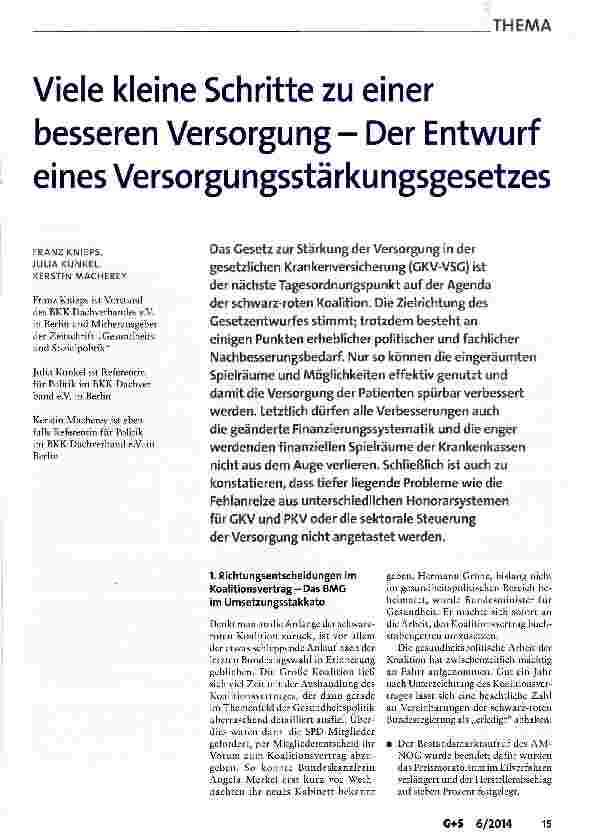 Vorschauseite 1: Viele kleine Schritte zu einer besseren Versorgung - Der Entwurf eines Versorgungsstärkungsgesetzes