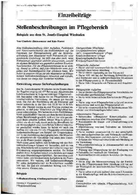 Vorschauseite 1: Stellenbeschreibung im Pflegebereich Beispiele aus dem St. Josef-Hospital Wiesbaden