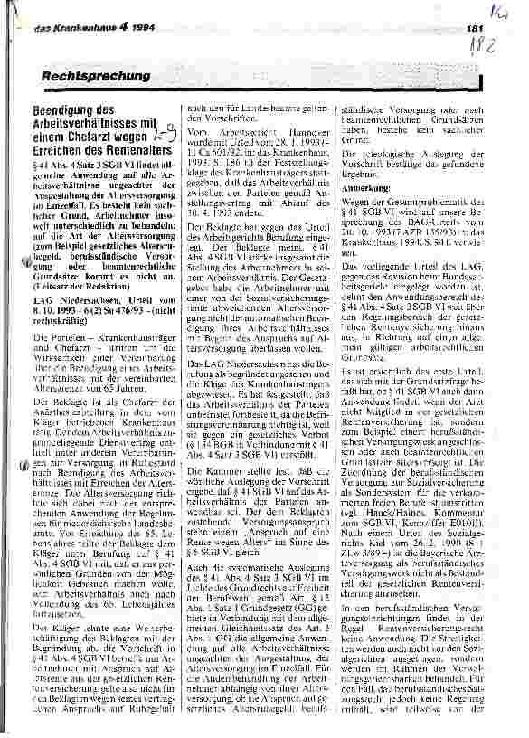 Vorschauseite 1: Beendigung des Arbeitsverhältnisses mit einem Chefarzt wegen Erreichen des Rentenalters LAG Niedersachsen, 8.10.93, 6 (2) Sa 476/93