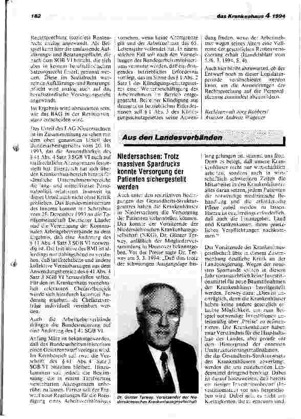 Vorschauseite 2: Beendigung des Arbeitsverhältnisses mit einem Chefarzt wegen Erreichen des Rentenalters LAG Niedersachsen, 8.10.93, 6 (2) Sa 476/93