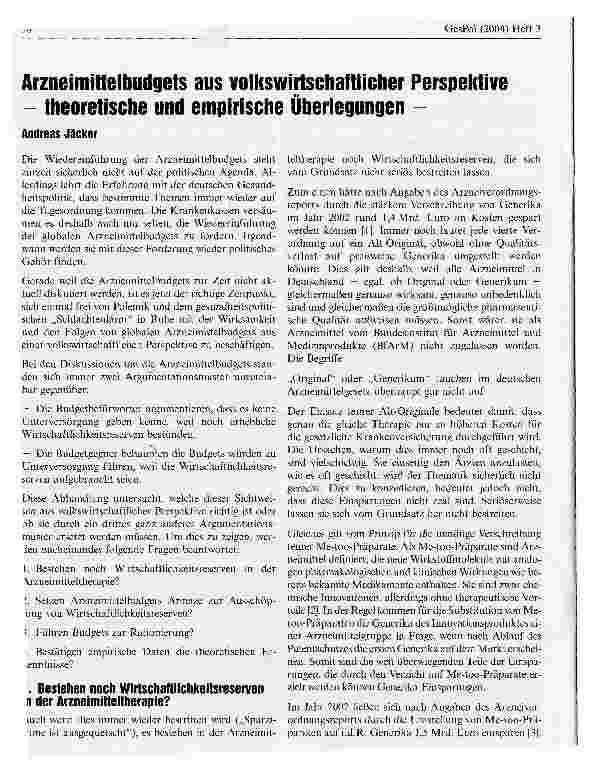 Vorschauseite 1: Arzneimittelbudgets aus volkswirtschaftlicher Perspektive - theoretische und empirische Überlegungen -