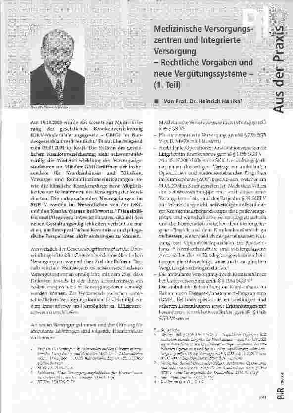 Vorschauseite 1: Medizinische Versorgungszentren und Integrierte Versorgung-Rechtliche Vorgaben und neue Vergütungssysteme -(I. Teil)