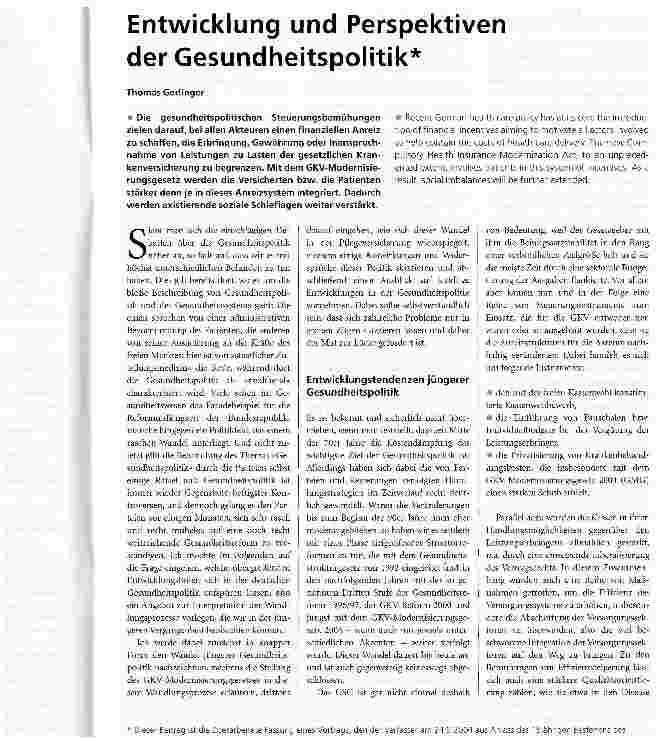 Vorschauseite 1: Entwicklung und Perspektiven der Gesundheitspolitik